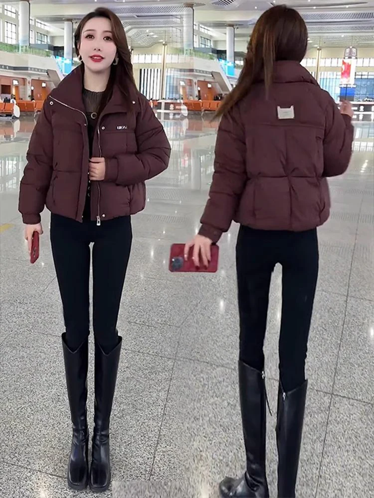 

Утепленная хлопковая куртка-пуховик для женщин, зимняя теплая приталенная верхняя одежда в корейском стиле, с воротником-стойкой, на молнии, с длинными рукавами