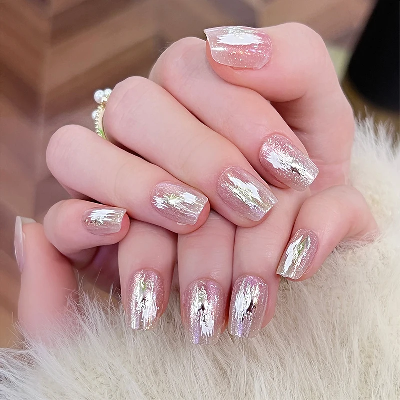 

White Printed Graffiti Handmade Press on Nails Wearing Armor Solid Color Cat Eye Glitter Simple Nail Art