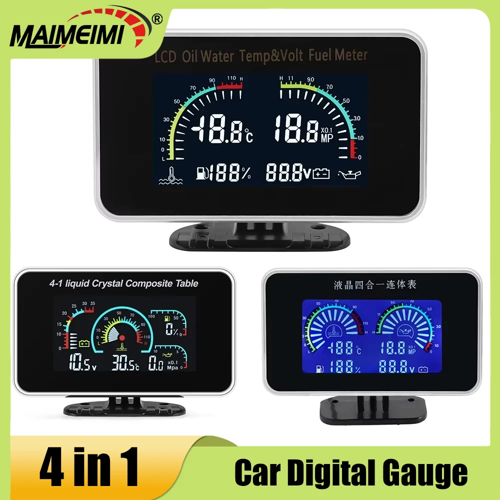 

4 in 1 LCD Car Digital Gauge Water Temperature+Oil Pressure+Fuel Level+Voltage Meter With 1/8NPT M10 Sensors For 12V 24V Car