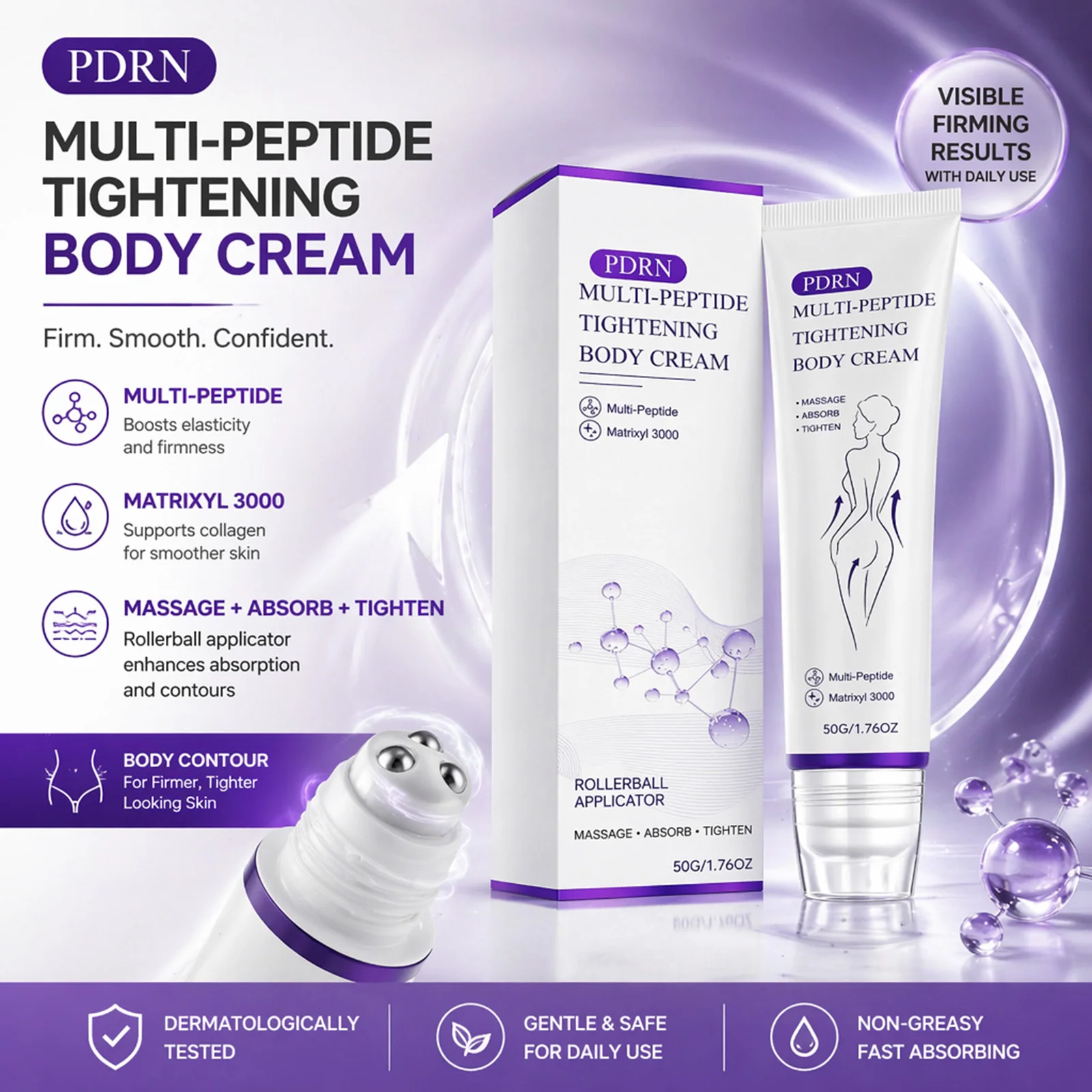 PDRN Multi Peptide Tightening Body Cream With Rollerball Massager Matrixyl 3000 Firming Moisturizer For Dry Skin Care