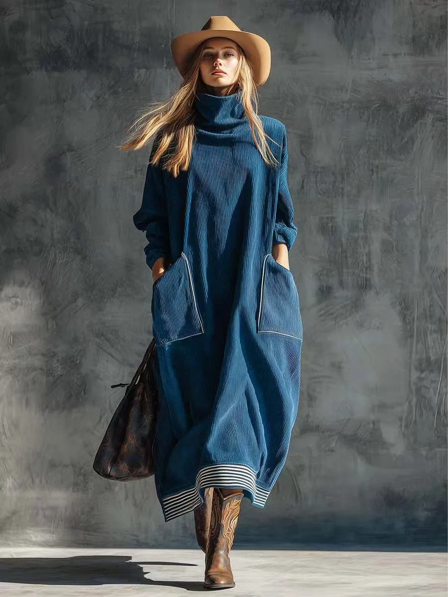 

Women's Oversized Corduroy Maxi Dress Turtleneck Long Sleeve Loose Fit Casual with Pockets Striped Hem Dress