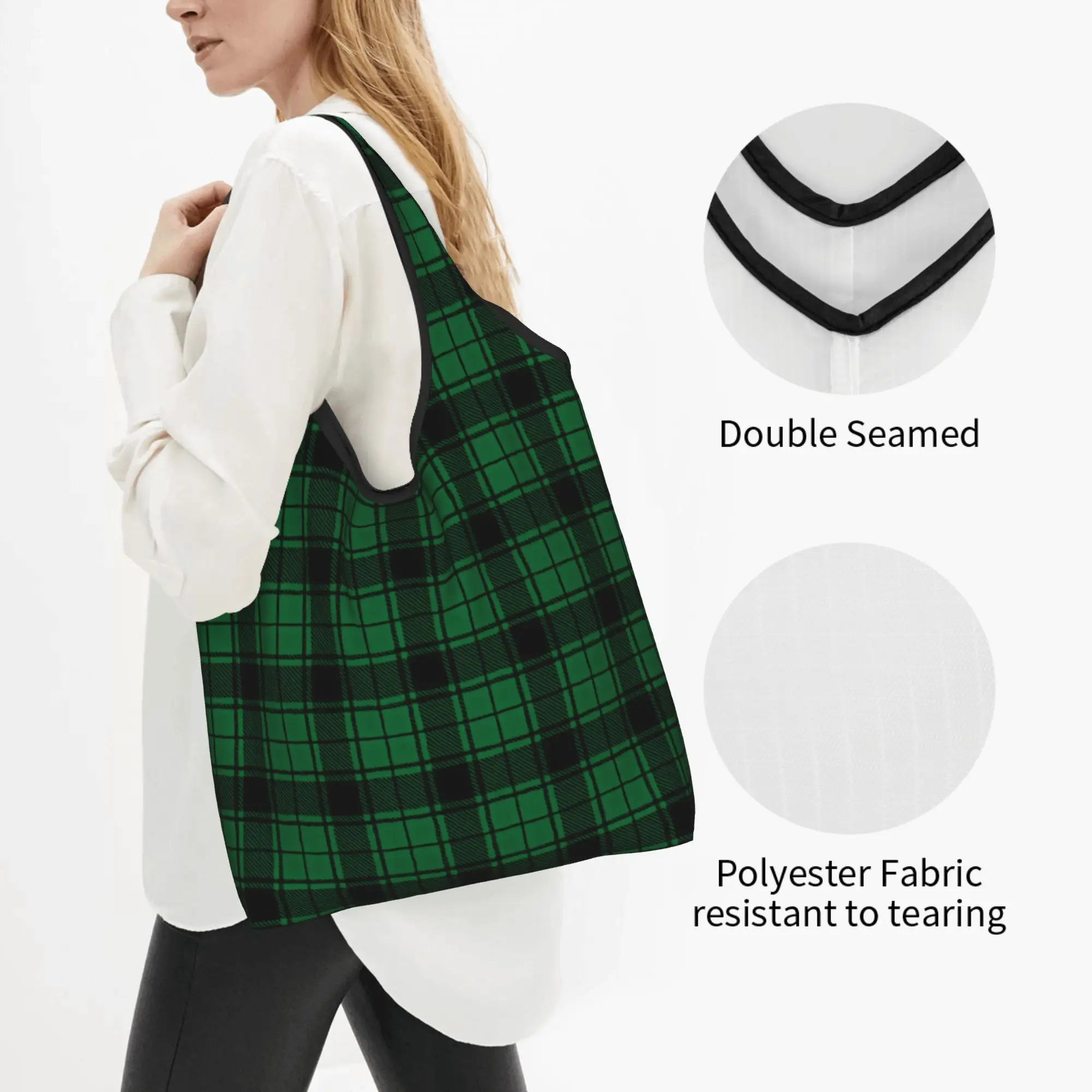 Recycling Green And Black Tartan Plaid Shopping Bag Women Tote Bag Portable  Groceries Shopper Bags