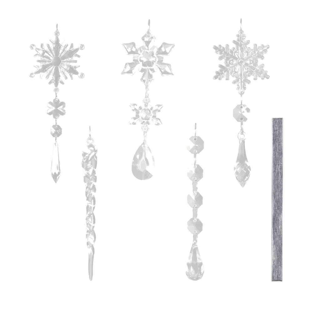10 Piece Festive Ornaments Set With Acrylic Snowflake And Icicle Patterns And Pearl Ribbon Strings For Holiday Tree Decoration