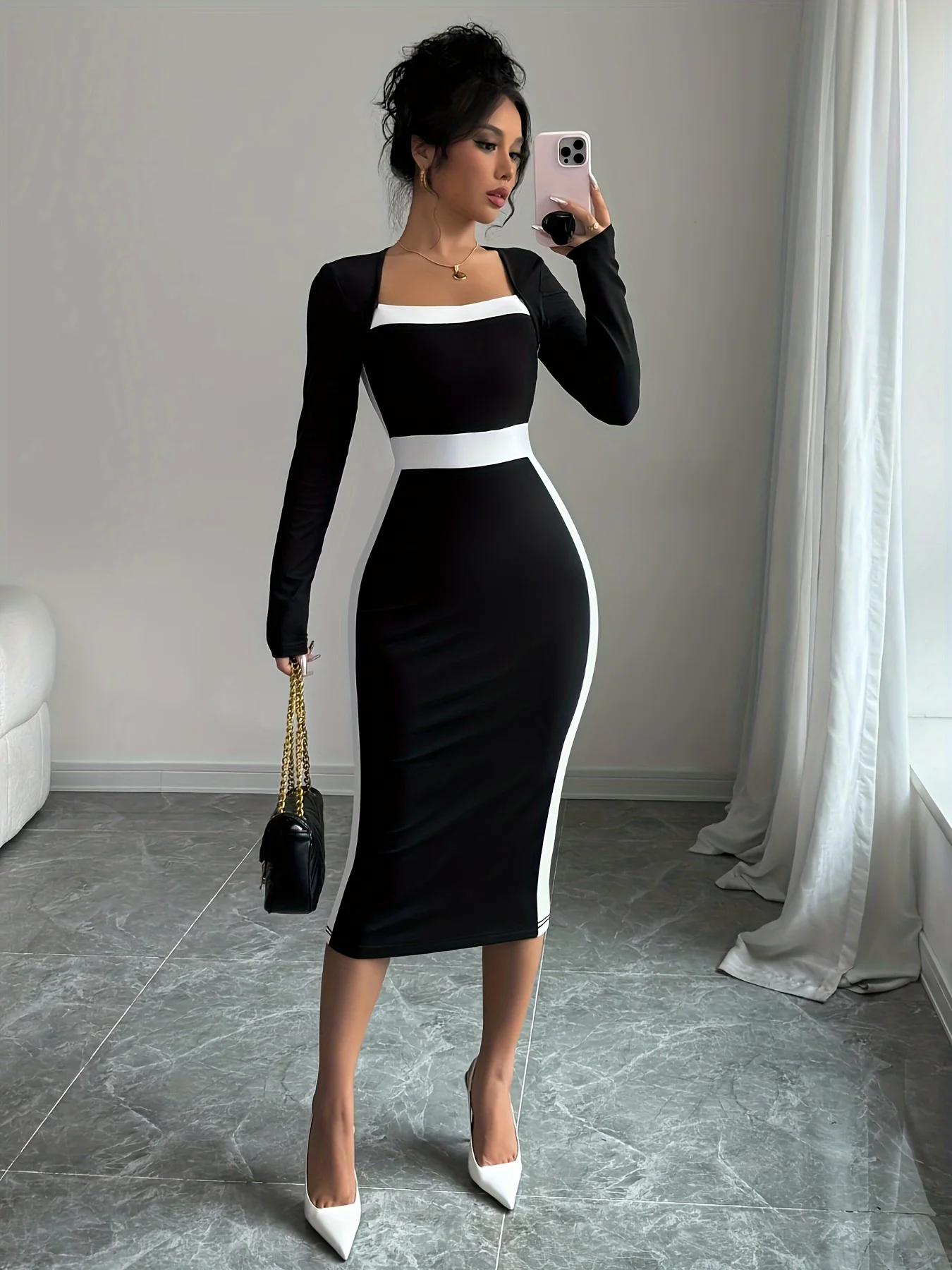 

Женское черно-белое платье с длинными рукавами и цветовыми блоками, элегантное женское платье-макси, стильное повседневное платье.