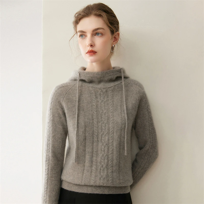 100% pure cashmere hooded sweater with lazy style, women's thick and loose drawstring knitted sweater, autumn and winter inner l