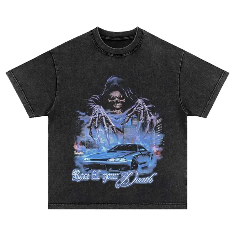 Summer Punk Skeleton Print Short Sleeve Hip Hop Streetwear Harajuku Vintage Pattern Loose Cotton Oversized Washed Casual T-Shirt