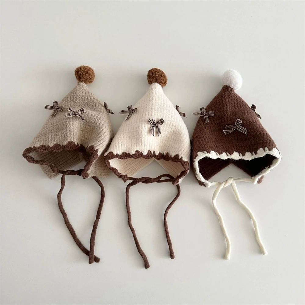 Kids Knit Earflap Hat Acrylic Cap with Tie Straps for Toddler 1-3 Years Autumn Winter Warm Bow Beanies Photo Prop Neutral Style