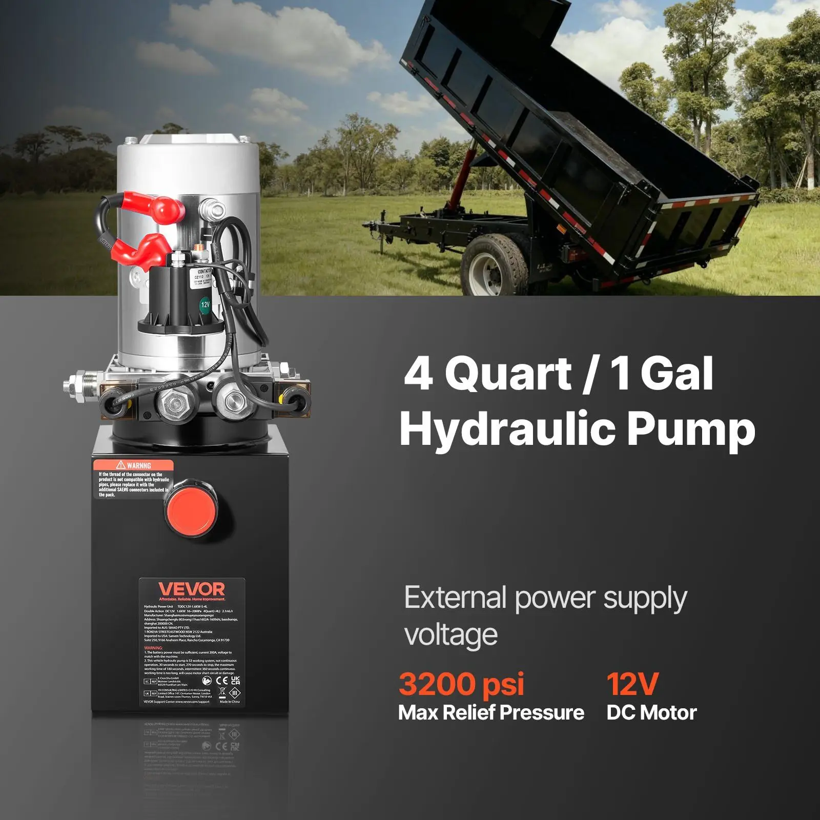 

4 Quart Hydraulic Power Unit, Double Acting Dump Trailer Pump, 3200 PSI Max Relief Pressure & 0.91 GPM Flow Rate, DC 12V