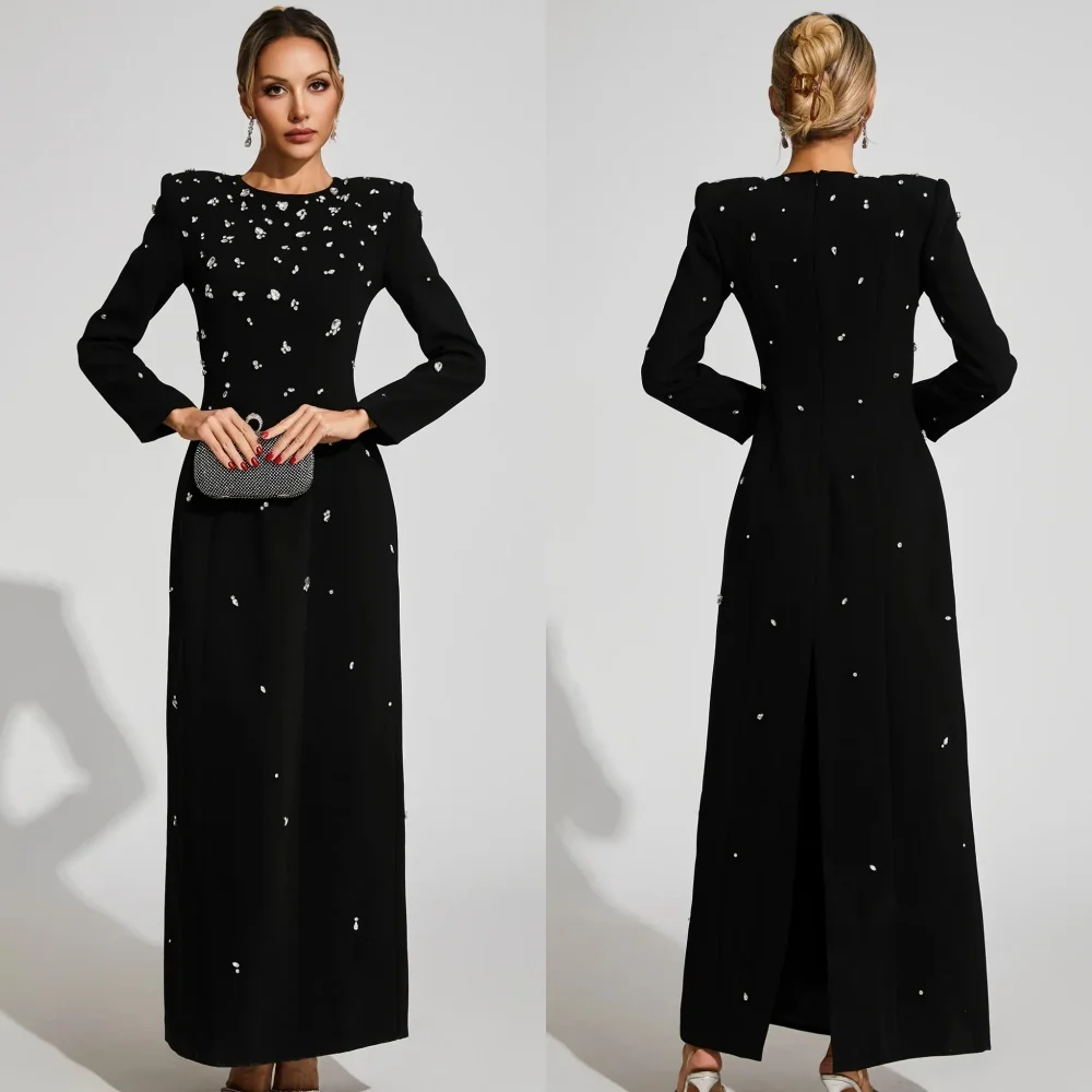

Customized Elegant Formal Jersey Rhinestone Beading Straight Scoop Neck Ankle Length Dresses Bespoke Occasion Dresses Matching