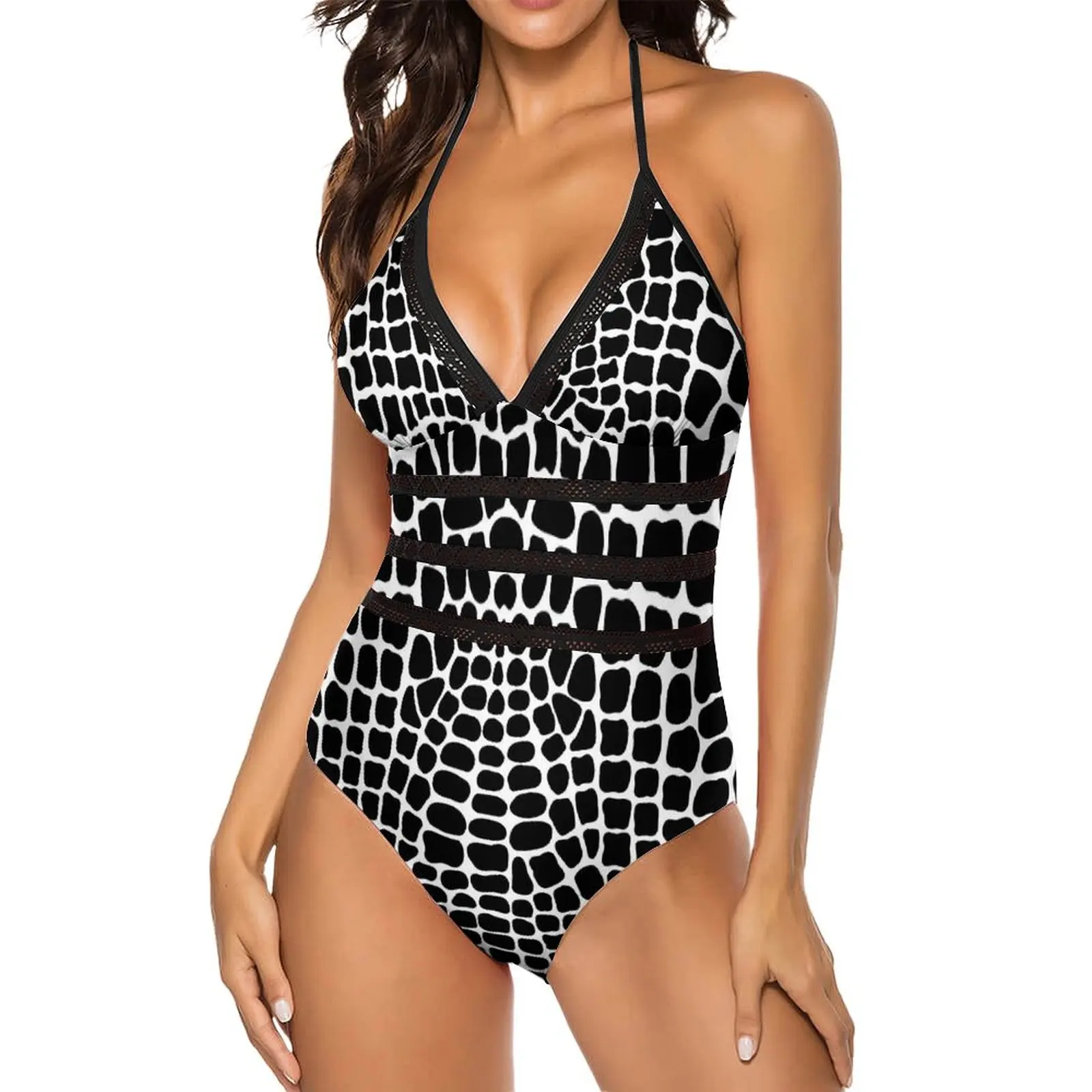 Snakeskin Swimsuit Sexy Black and White Animal Hollow Out Swimwear One-Piece Fantasy Bodysuit Beach Push Up Bathing Suit