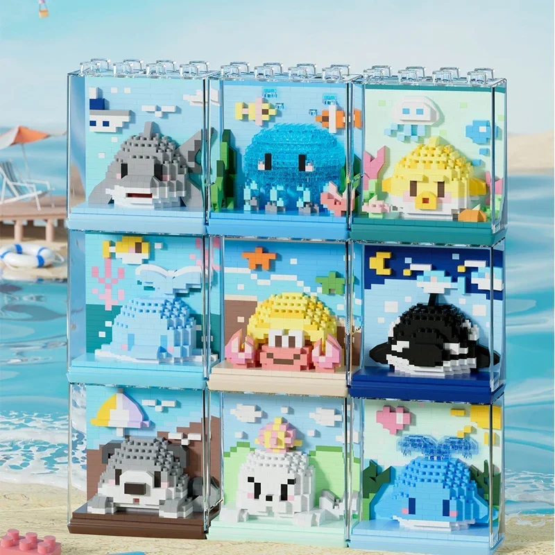 Marine Organism กล่องบล็อกอาคาร Sea Lion Dolphin ปลาวาฬสีฟ้าสัตว์ประกอบ Mini Micro อิฐรูปของเล่นสําหรับของขวัญเด็ก