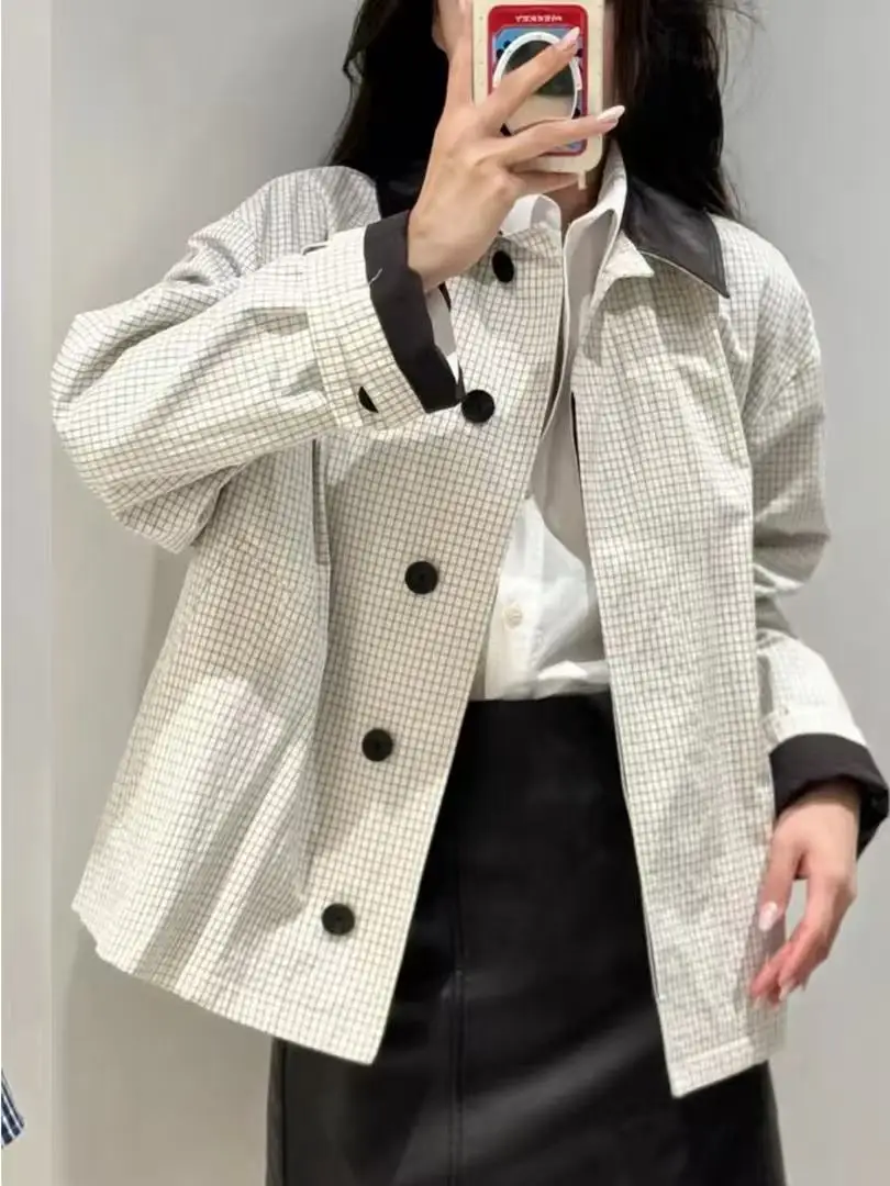 

Retro American Sle ort Leather Effect Jaet Collar Windbreaker New Autumn 2025 Women's Loose Fit Polyester Fiber Coat