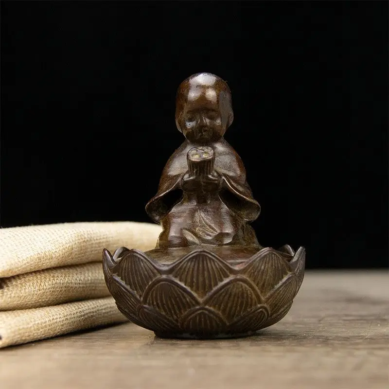 Metal statue Lotus Buddha Seeking Monk Incense Burner Size: Diameter 6.8 cm, height 9 cm, weight approximately 0.25KG