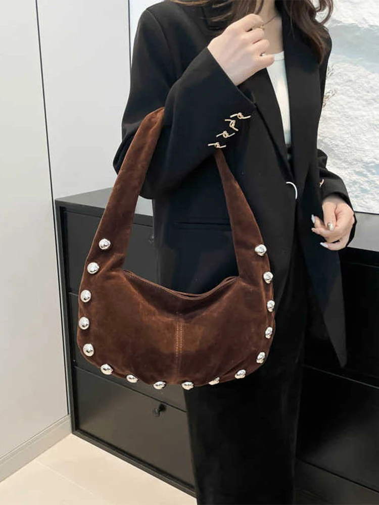 Punk Style Rivets Design Shoulder Bags for Women Faux Suede Fashion Luxury Lady Underarm Bag Female Handbags