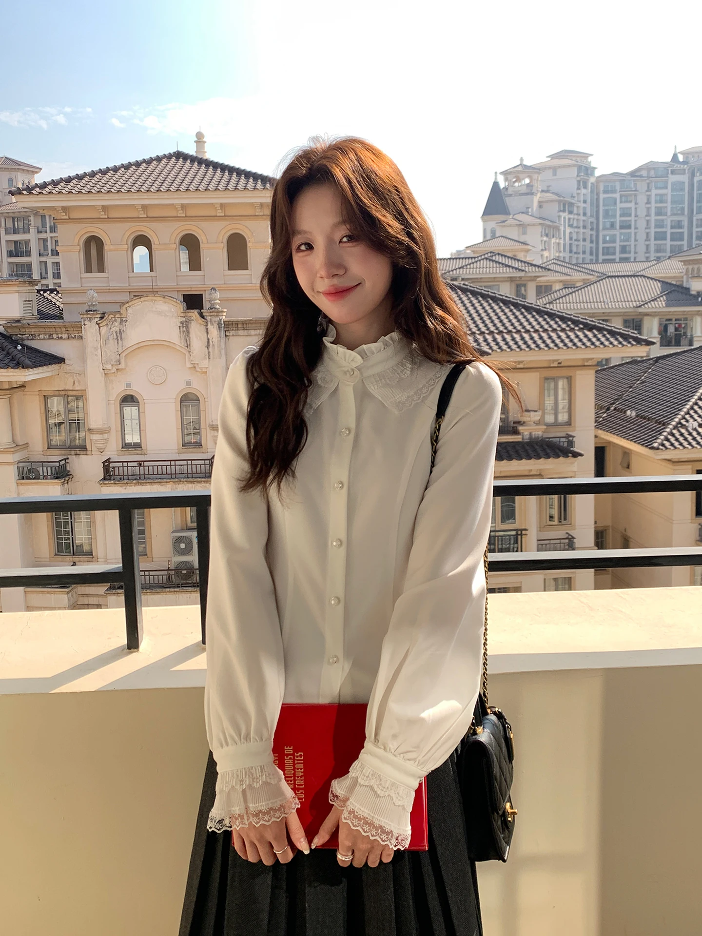 

High nce Korean Sle Lace Patchwork irt Even-wen Autumn Winter Ele Rich Girl Sensation Pure Color French Sle