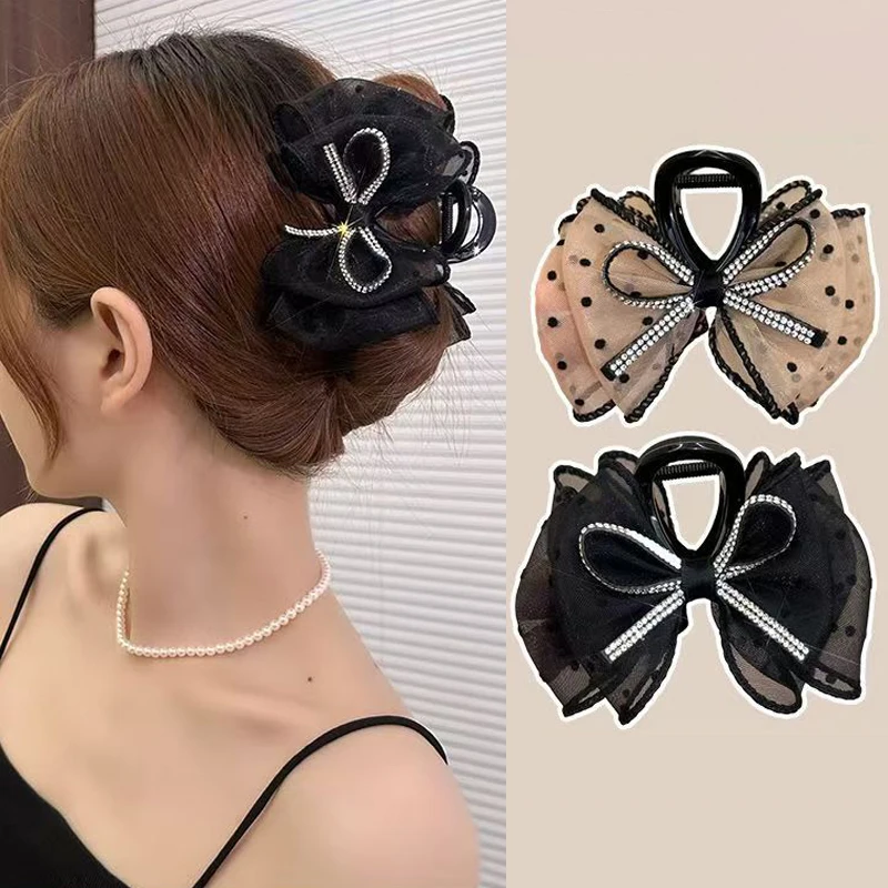 Elegant Mesh Bow Hair Clips para Mulheres e Meninas, Ponytail Claw, Sparkling Rhinestone Clips, Hairpin, Headdress, Acessórios, Presentes