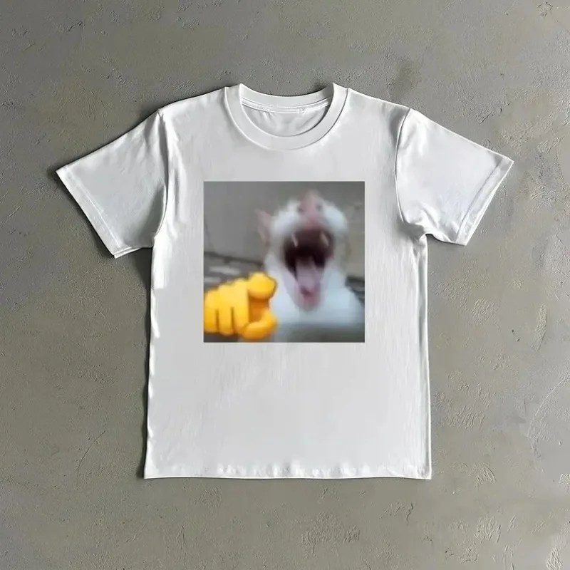 Men's Streetwear Vintage Laughing Cat Pointing T Shirt Cotton Tee Women Oversized Harajuku O-Neck Loose Top Cursed Emoji Meme
