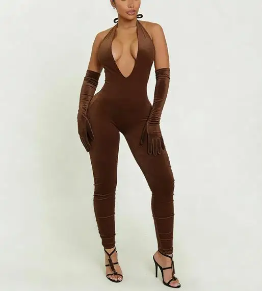 Combinaison pour femmes, col suspendu, corde attachée, dos nu, demi-manches, couleur unie, moulante des hanches, neuf parties, automne et hiver