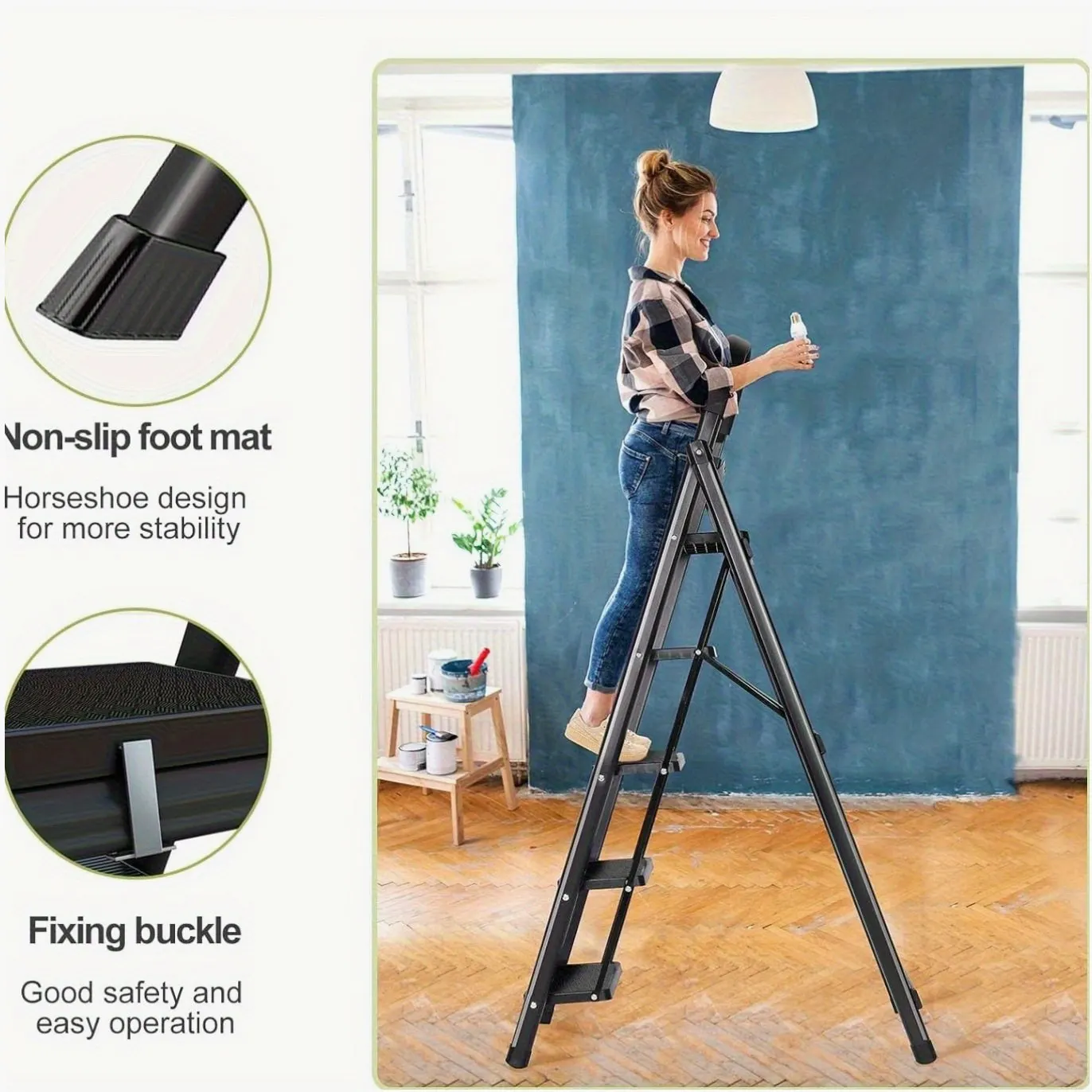 

5-Step Folding Step Stool with Anti-Slip Pedals & Built-in Tool Tray — Portable Steel Ladder for Home, Kitchen, Library or Office Use — Supports Up to 300 lbs, Compact Design, Easy Storage