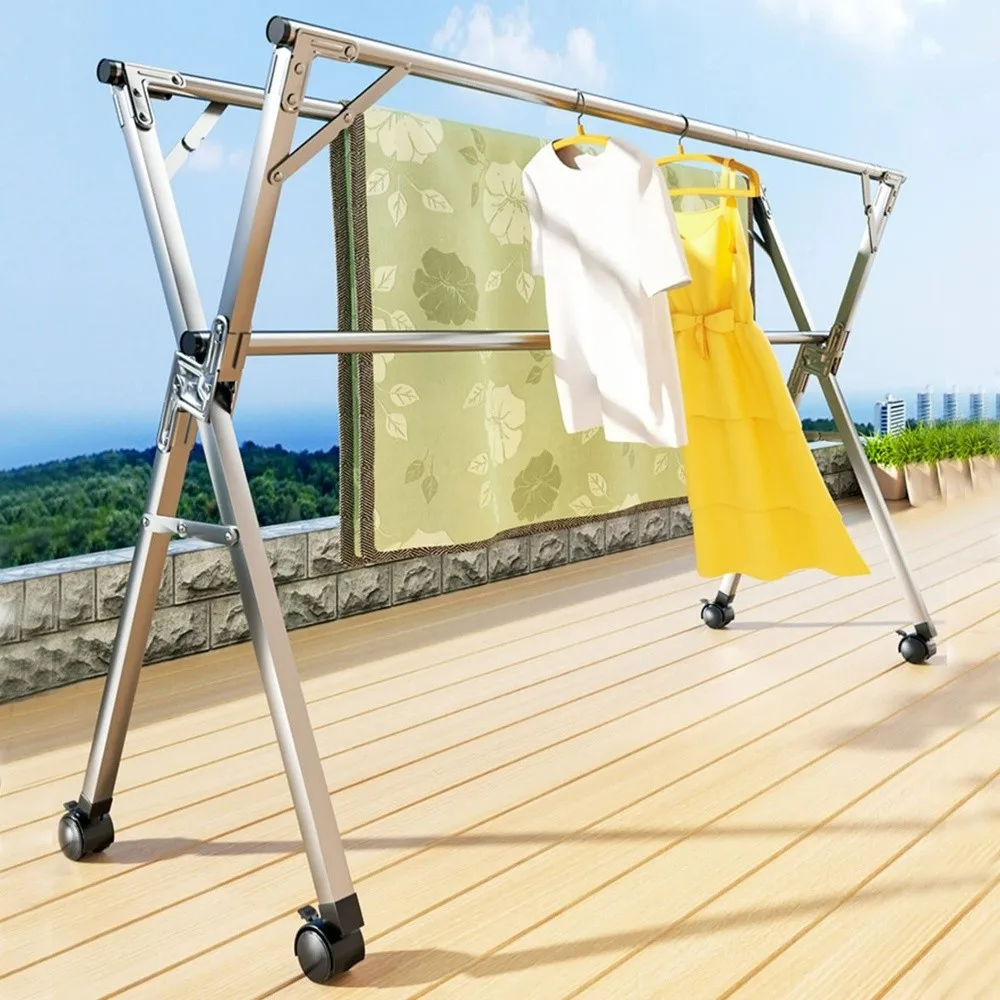 Stainless Steel Folding Clothes Airer on Wheels 140cm Tall Retractable Indoor Outdoor Laundry Drying Rack Easy Setup