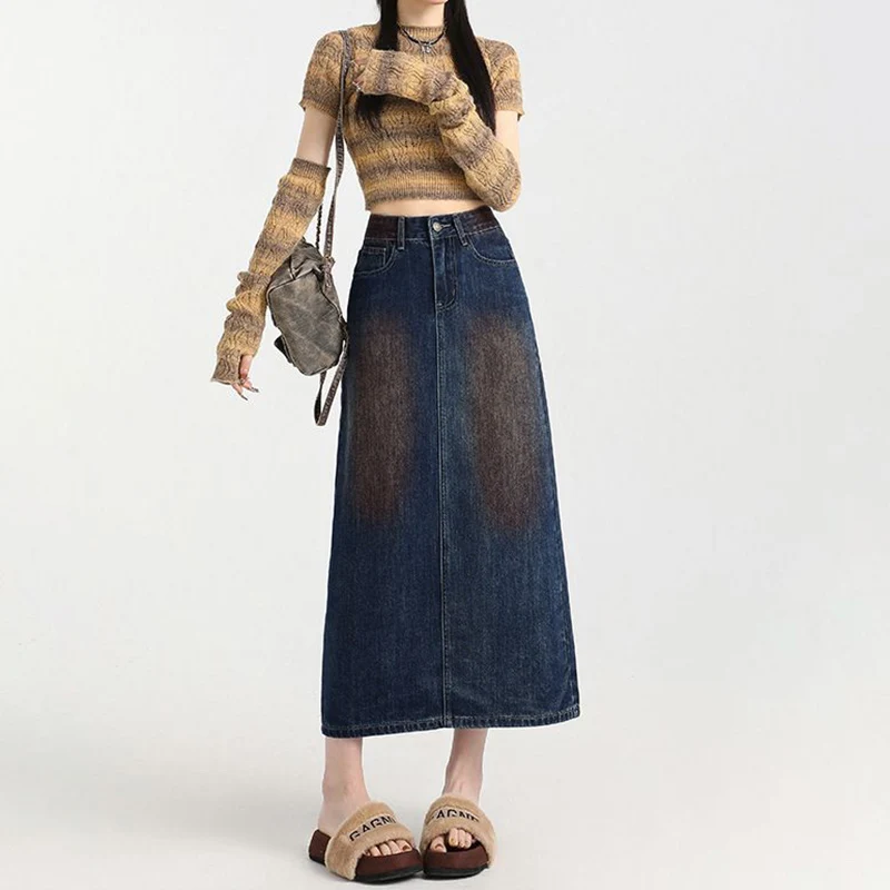High Waist A-Line Denim Skirt Midi Dress Vintage Style Women's Clothing South Oil Premium Fashion Half Body Skirt Dress