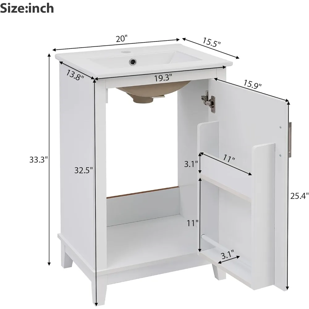 mobiletto singolo compatto e moderno da 20 pollici in legno con lavabo e anta portaoggetti per piccoli bagni