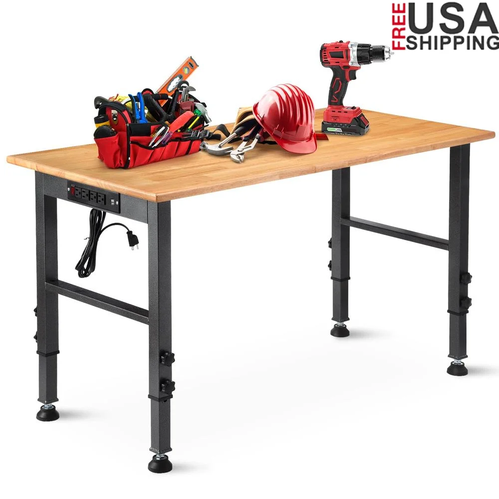 Adjustable Work Table Heavy Duty 2000lb Load Capacity Rubber Wood Garage Workshop Office