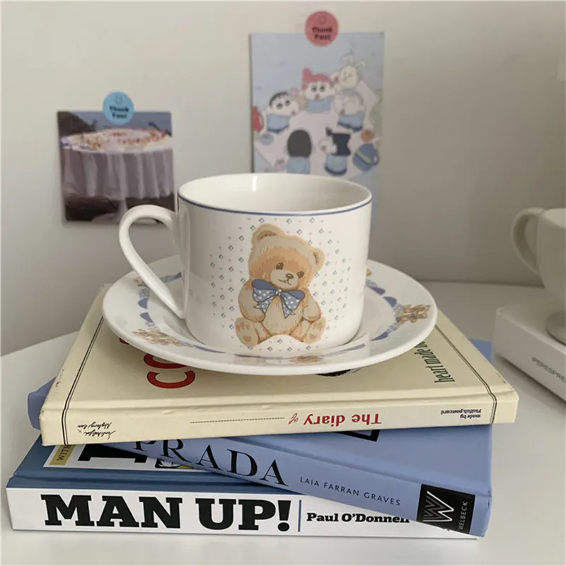 Cutelife Nordic Bear White Small Ceramic Coffee Cup Saucer Breakfast Milk Set Cup Kitchen Handle Reusable Drinkware Gift Tea Cup