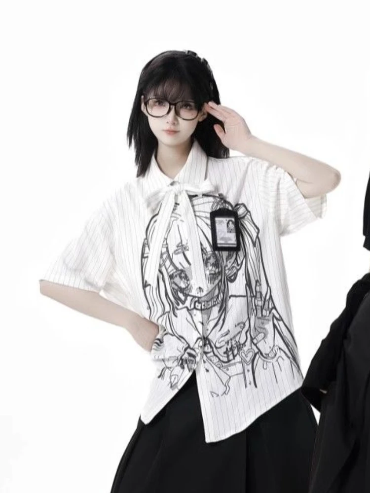 ADAgirl Harajuku Striped Short Sleeve Blouse for Teengirls Japanese Anime Print Shirt with Bow Summer Gothic Punk Cute Clothes