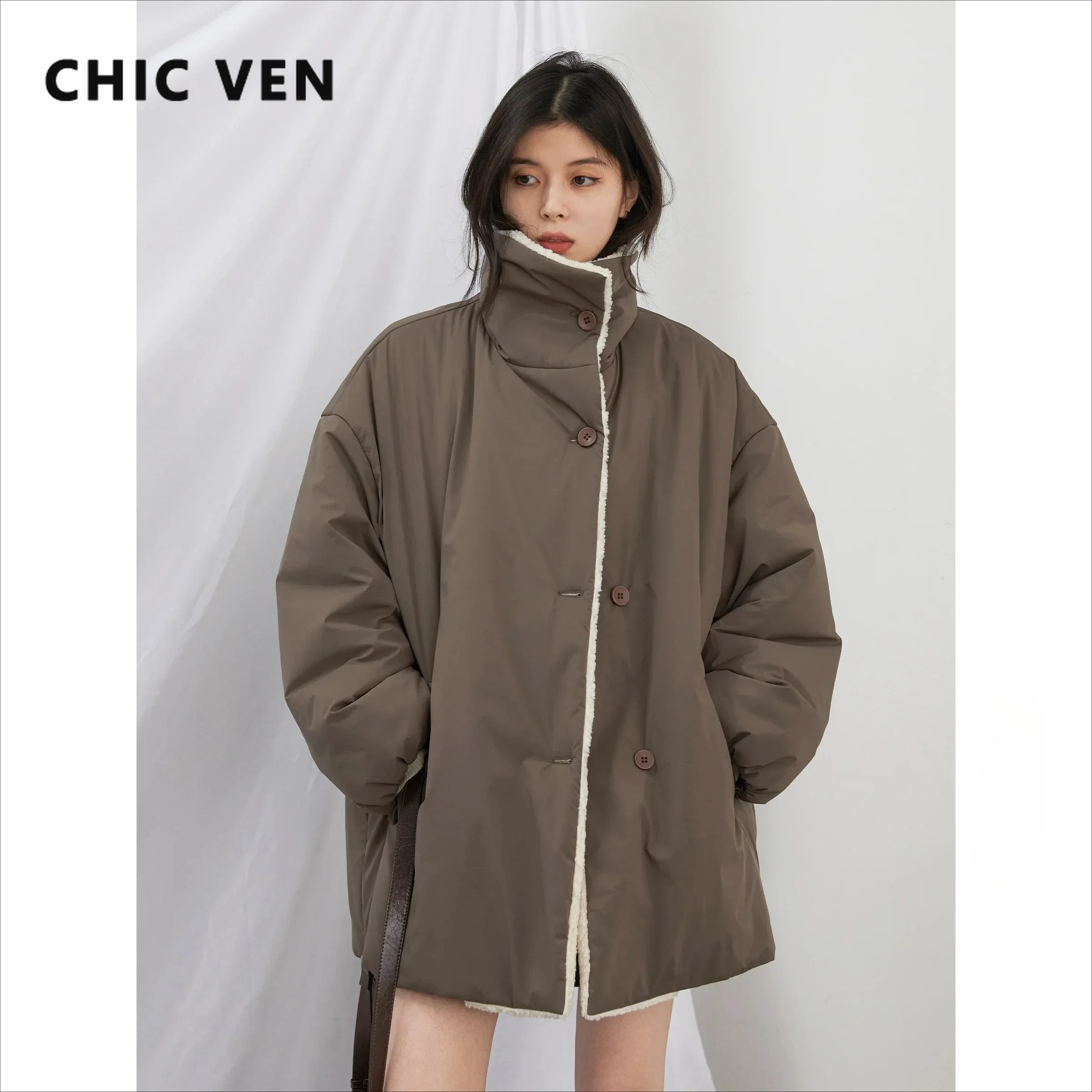 

CHIC VEN корейская женская куртка однотонная свободная повседневная контрастная плюшевая куртка однобортное утолщенное женское пальто осень-зима 2024