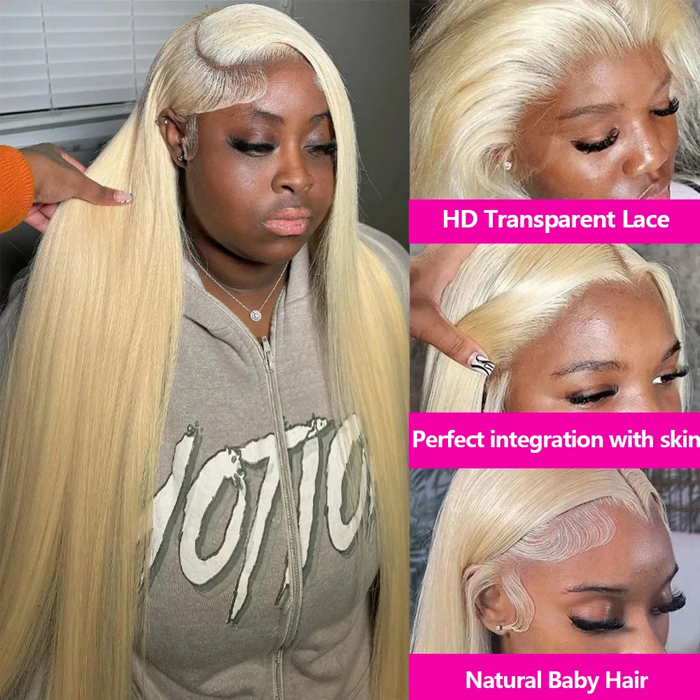 Peruca de Cabelo Remy Brasileiro Liso Cor Mel 613 com 220% de Densidade, 40 Polegadas, Peruca Colorida com Lace Frontal HD 13x4 13x6