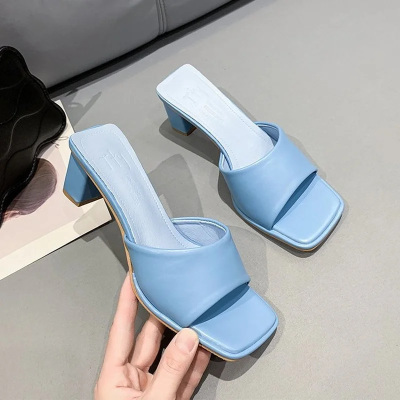 2024 Sexy Mules Shoes Women Square Heel Slippers Women Summer High Heels Square Toe Sandals Slides Ladies Shoes White Black