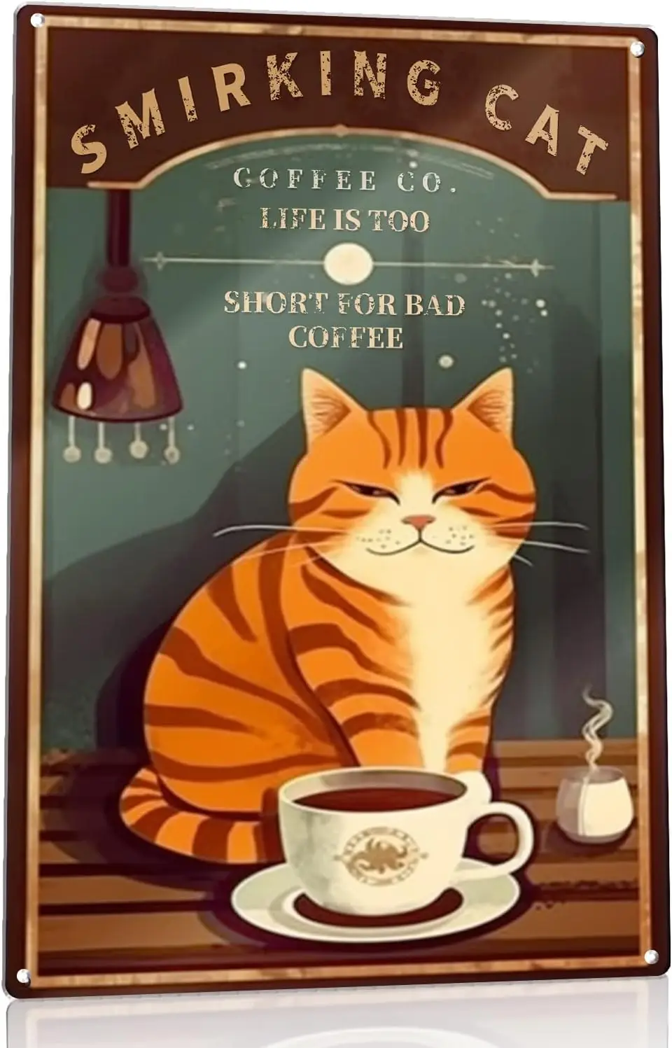 Revamp Your Home Decor with Yepzoer Smirking Cat Metal Tin Sign - Featuring a Witty Quote, 'Life is Too Short for Bad Coffee