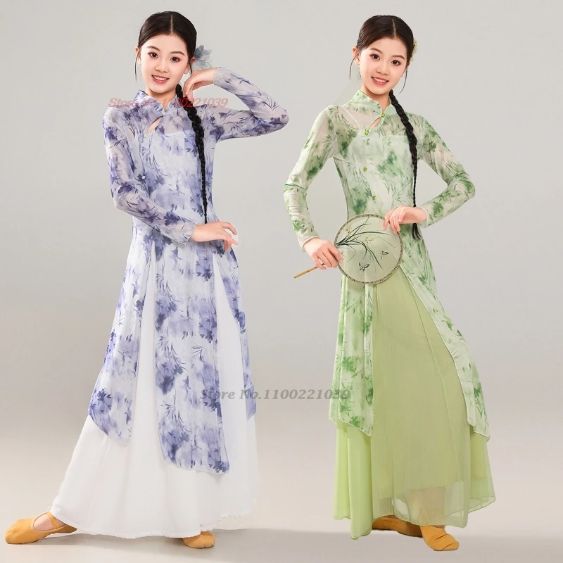 

2026 chinese vintage children dance dress flower print mesh qipao dress+pants set festival folk dress stage performance qipao