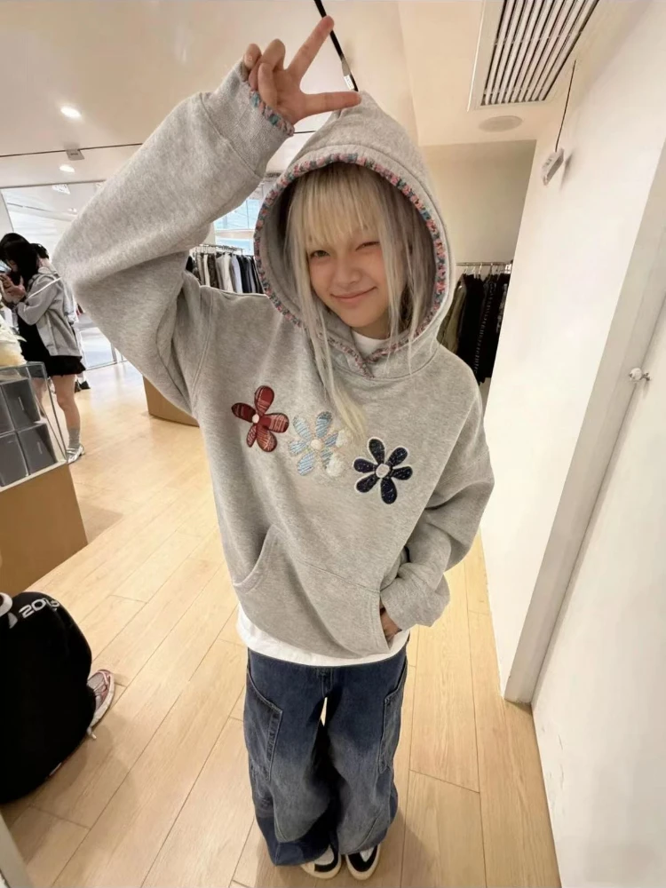 

Y2K американская уличная одежда, повседневные толстовки с капюшоном, женские топы с вышивкой в стиле Харадзюку, большие топы с длинными рукавами, женские свободные куртки, пальто