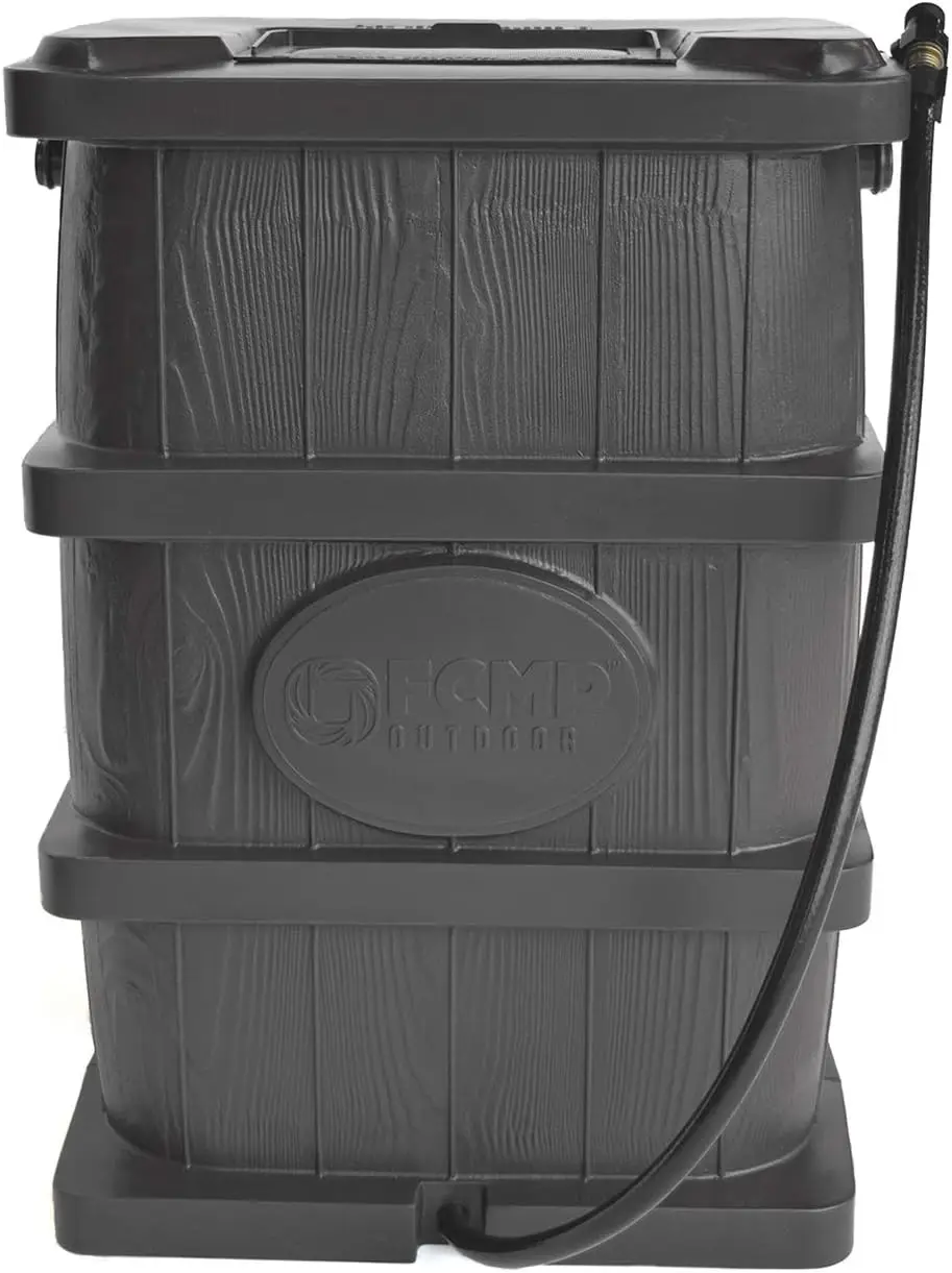 Slim Line 45-Gallon Wood Grain Rain Barrel – Outdoor Home Rain Water Catcher Barrel with Flat Back, Grey