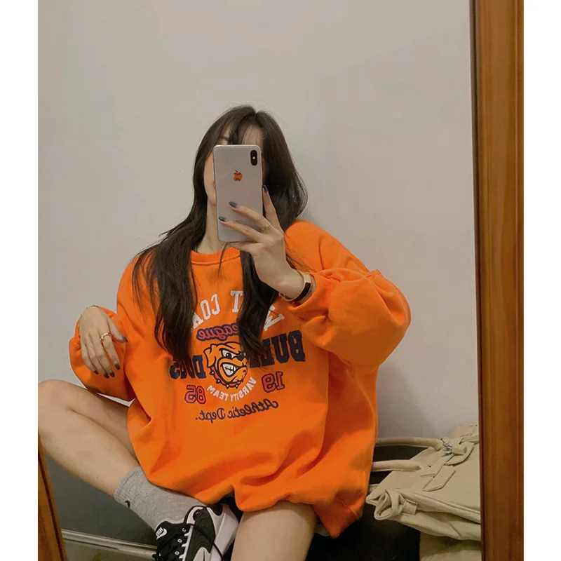 Women Orange Sweatshirt Letter Printing Crew Neck Fashion Oversized Baggy Vintage Thicken Long Sleeves Pullover Tops Winter