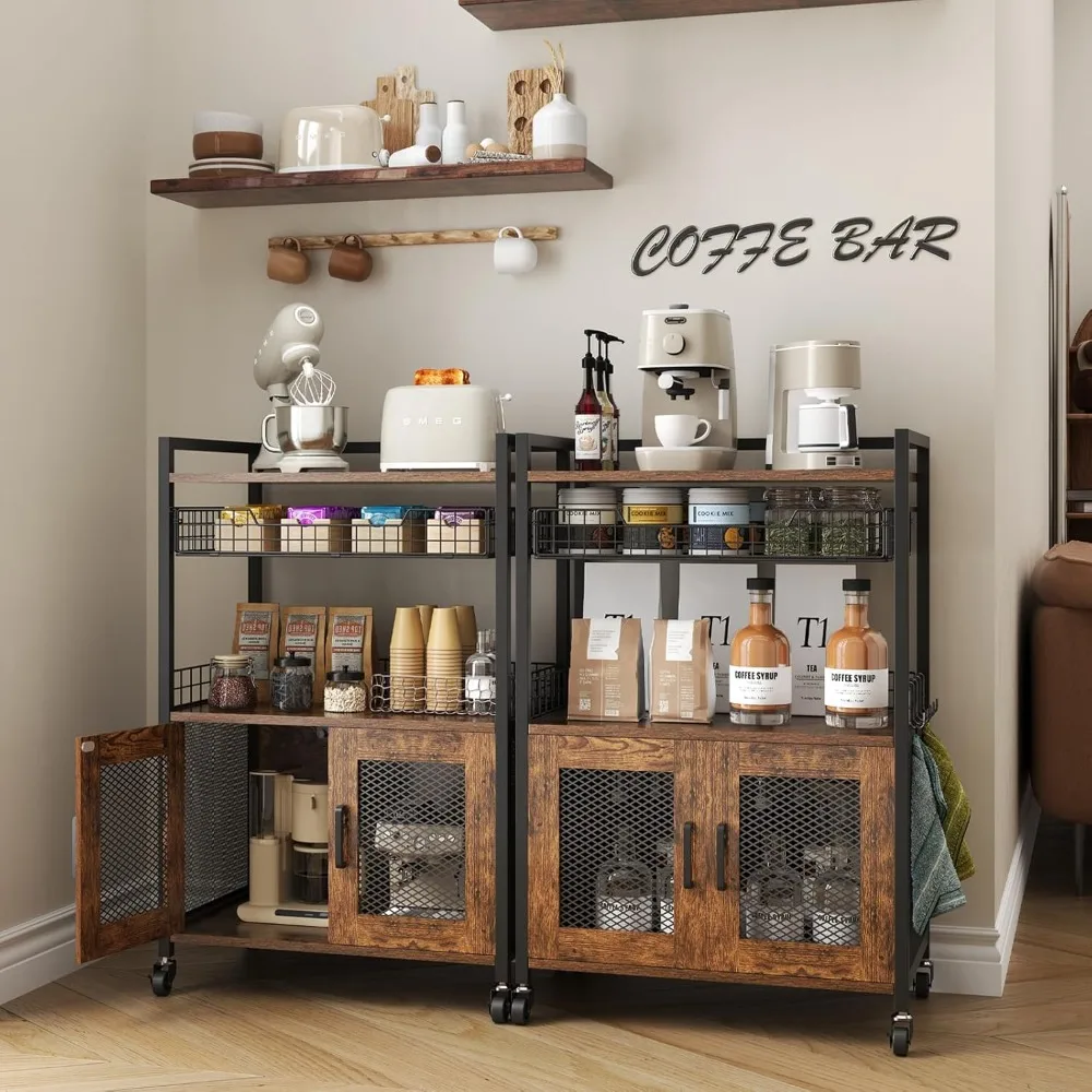 

New upgrade-Rustic Brown 3 Tier Coffee Bar Cabinet on Wheels, 35.9"H w/Wire Basket Drawer&5 Hooks for Home Kitchen