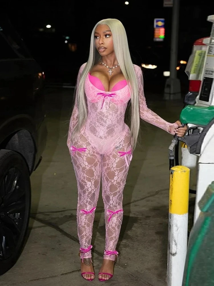 Schleife Durchsichtiger Overall Damen Y2K Jacquard Sexy Sommer Coquette Low-Neck Midnight Clubwear Elastische Workout Overalls