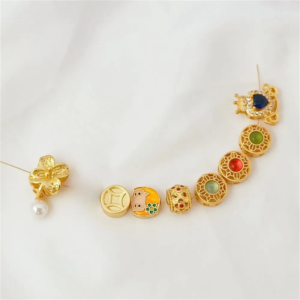 Diy Matte Gold Coin Small Flower Hollowed-out Interlocking Beads Bracelet and Necklace Accessories