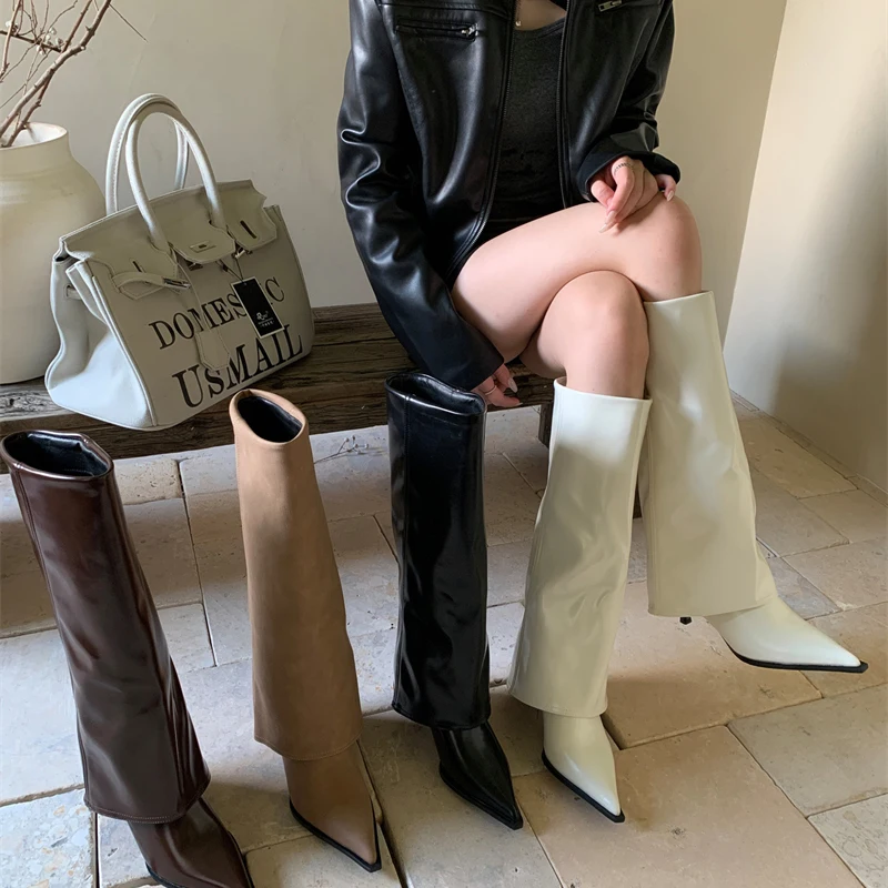 

Зимние женские сапоги до колена с острым носком, дизайнерская обувь на высоком каблуке, современные длинные Botas Para Mujer