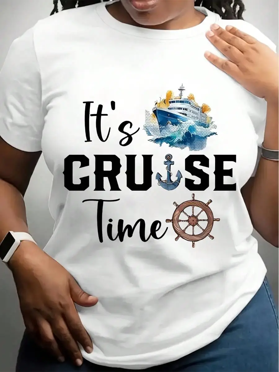 Plus Size Ladies Short-Sleeve T-Shirt With A Cruise Time Pattern, Designed For Cruise Travel, Perfect For Comfortable And Casual Wear In Spring A
