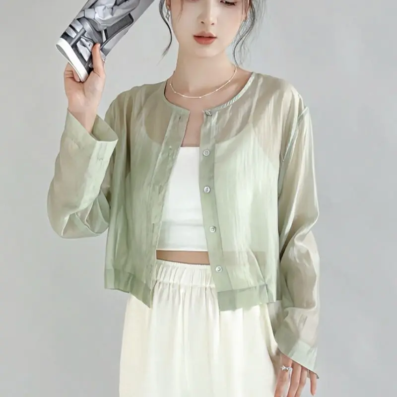 

Women Summer Elegant Temperament Solid Color Thin Long Sleeve Shirts Ladies Simplicity Office Lady All-match Trend Vacation Tops