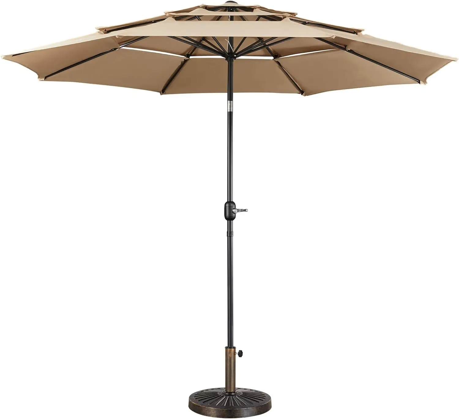 3-Tier Vented Patio Umbrella with Base - 10ft Patio Parasol w/ 8 Sturdy Ribs & Round 30 lb Heavy Duty Market Umbrella Base Stand