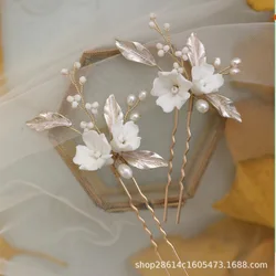 Ceramic Flower Hairpin Natural Pear Tiaras Handmade Bridal Hair Clip Luxury Wedding Hair Accessories Simple Rose Golden Headwear