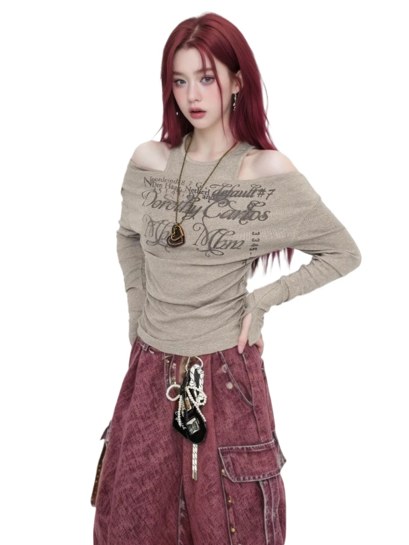 

Shoulder Long-sleeved T-shirt Women's Spring and Autumn Gray Retro Slim-fitting Off-the-shoulder Design Short Spice Girl Top