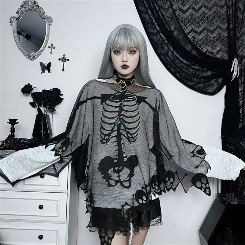 Halloween Skull Cape for Women Men Scary Lace Shawl Dark Series Gothic Skeleton Cloak for Theme Party Stage Performances