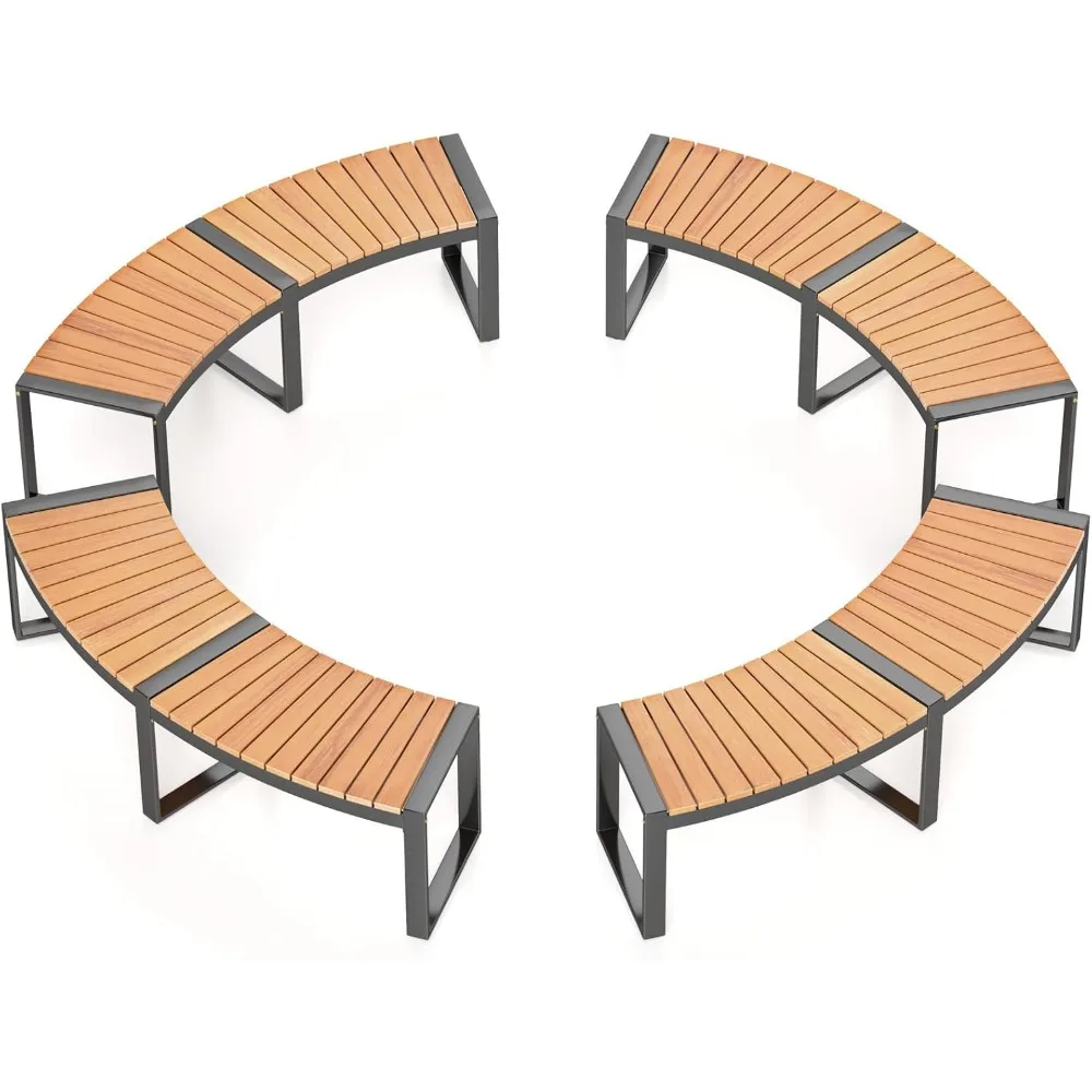 Patio Curved Bench, Acacia Wood Fire Pit Bench W/Slatted Seat & Metal Legs, Outdoor Backless 2-Person Seating 800 LBS Max Load