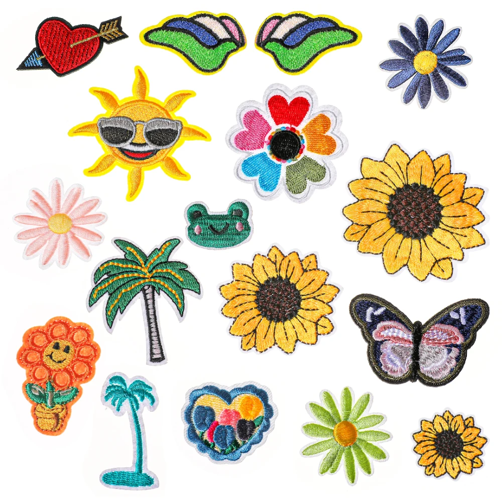 1 piece Embroidery Cartoon Sunflower Coconut Palm Patches Sewing Garments Bags Badge DIY Jeans Badge