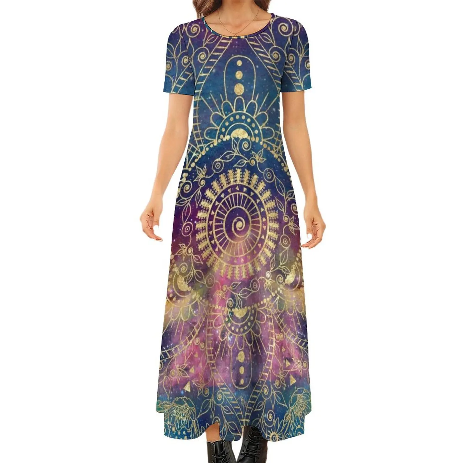 

Gold Mandala Watercolor Colorful Nebula Round Neck Short Sleeve Dress festival outfit women chic and elegant evening dress